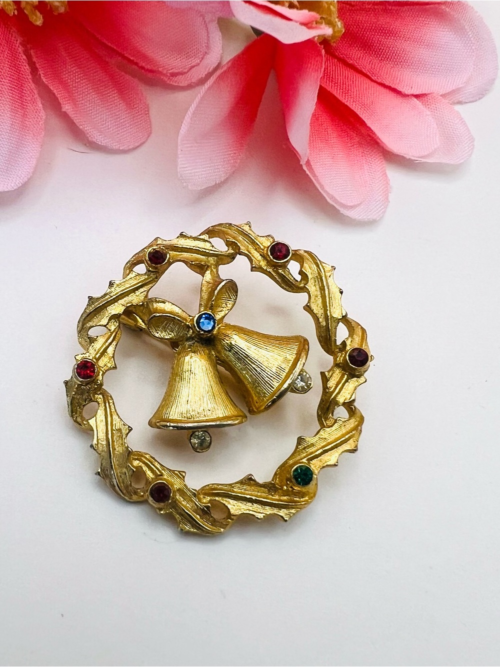 Gold-Tone Holiday Bell Wreath Brooch with Multicolor Stones